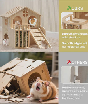 Dubbel Laags Houten Hamsterhuis met Hooirack en Antislip Trappetje