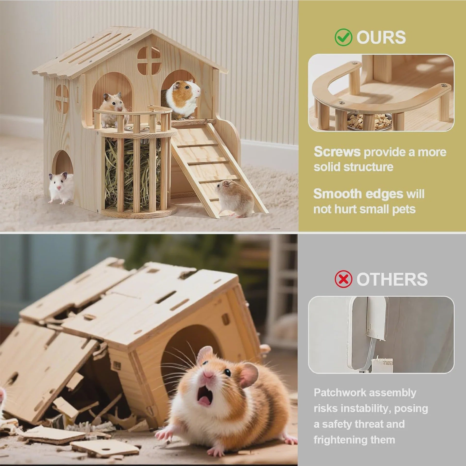 Dubbel Laags Houten Hamsterhuis met Hooirack en Antislip Trappetje