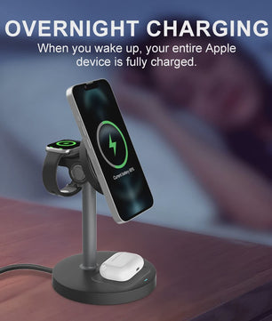 3-in-1 Magnetische Draadloze Oplader Stand voor iPhone, Apple Watch & AirPods - 15W Fast Charge