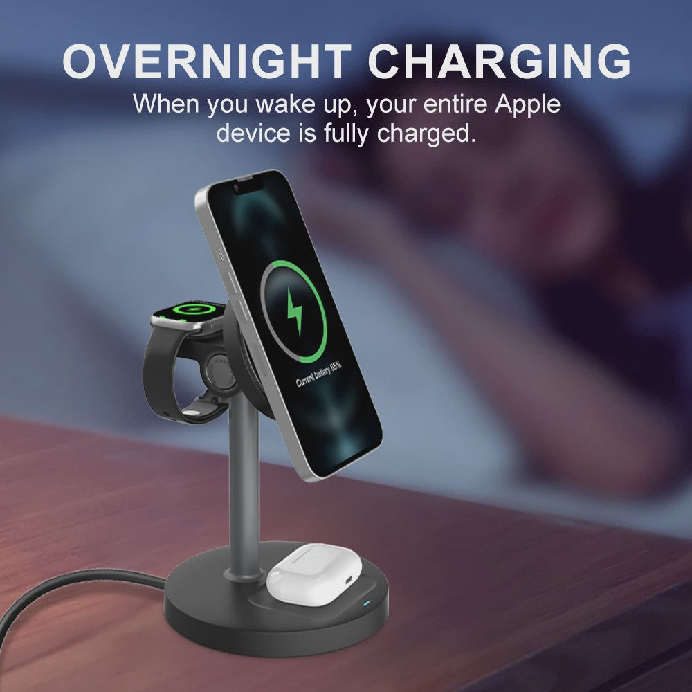 3-in-1 Magnetische Draadloze Oplader Stand voor iPhone, Apple Watch & AirPods - 15W Fast Charge