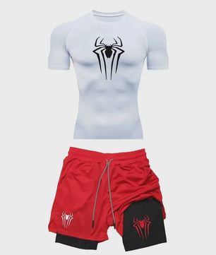 Heren Sport Set: Compressie T-shirt & Short met Spider Print