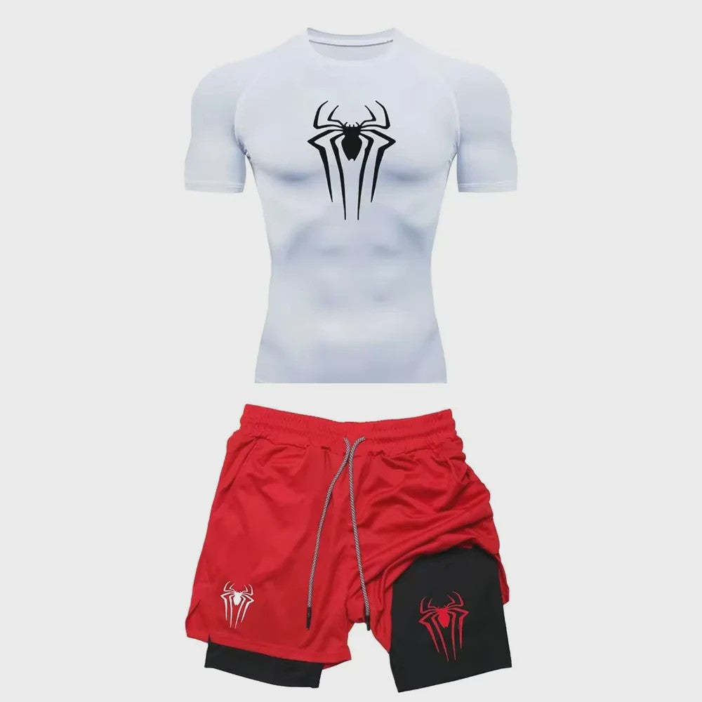 Heren Sport Set: Compressie T-shirt & Short met Spider Print