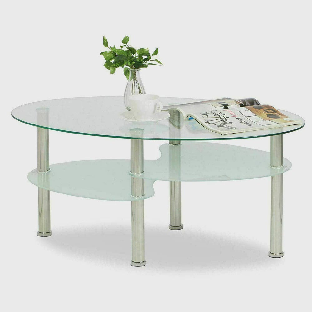 Ovale Glazen Koffietafel met 2 Niveaus - 90x50x45cm - Stijlvol en Modern