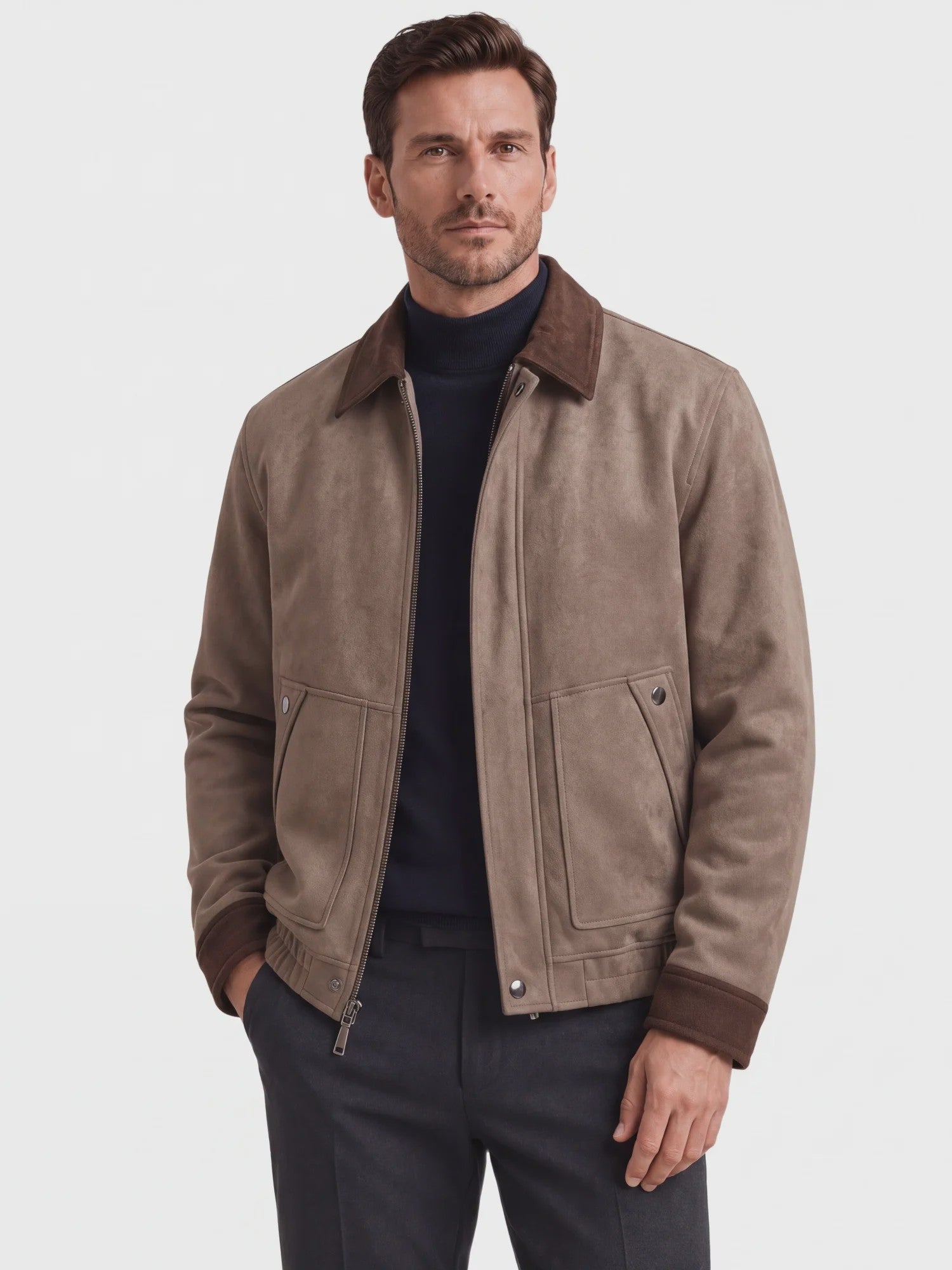 Heren Vintage Suède Look Jas - Slim Fit Lente/Herfst met Kleurblokken en Rits