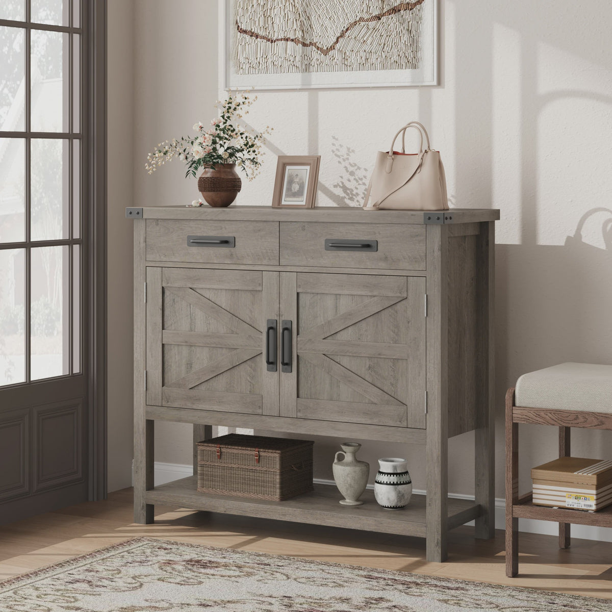 Moderne Landelijke Console Tafel met Koffiebar - 2 Lades, 2 Deuren & Open Plank