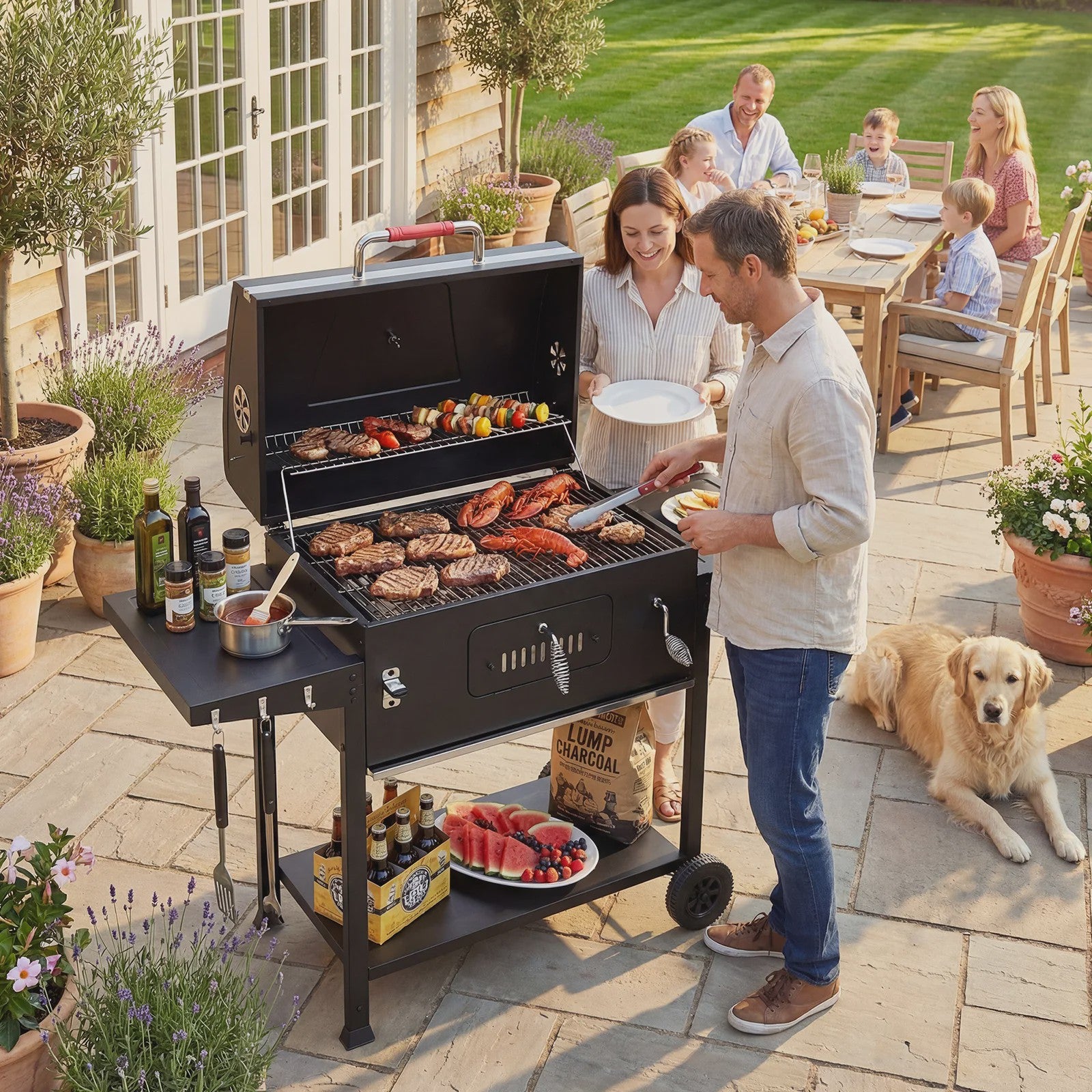 Devoko Professionele Koolbarbecue Trolley met Thermometer en Zijpanelen