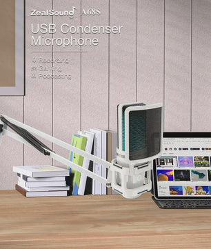 Zealsound RGB USB Condensator Microfoon met Verstelbare Arm - Wit | Gaming, Streaming & Opnames