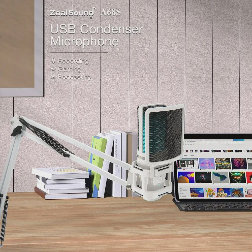Zealsound RGB USB Condensator Microfoon met Verstelbare Arm - Wit | Gaming, Streaming & Opnames