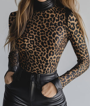 Dames PU Leather Blouse met Luipaardprint, Hoge Hals en Lange Mouwen - Slim Fit Streetwear