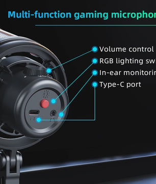RGB Gaming Microfoon voor PC met Geluidsdemping, Koptelefoonuitgang & Touch-Mute