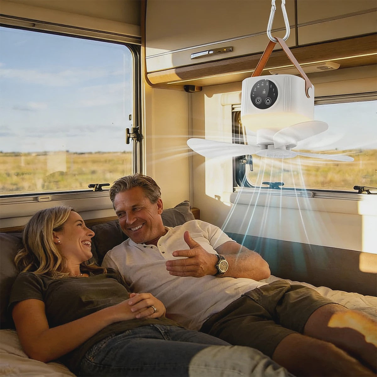 Oplaadbare Hangende Ventilator met 3600mAh Batterij, 4 Snelheden & 3 Lichtstanden - Draagbaar voor Camping & Reizen