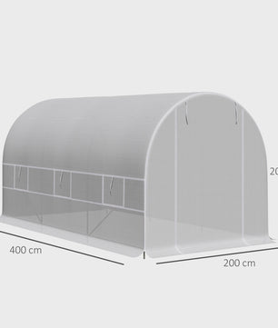 Outsunny greenhouse 8 sqm garden tunnel, tunnel greenhouse garden 400x200x cm with door and 6 windows, for outside, all seasons, vegetables, fruits, flowers, tarpaulin PE high density 140g/m² White