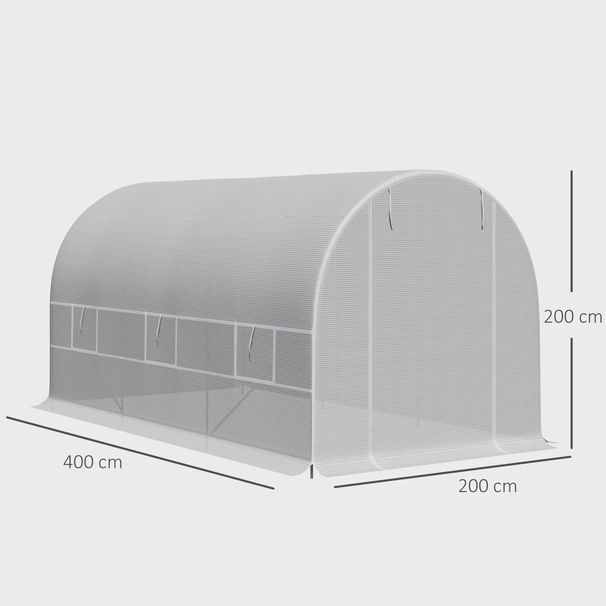 Outsunny greenhouse 8 sqm garden tunnel, tunnel greenhouse garden 400x200x cm with door and 6 windows, for outside, all seasons, vegetables, fruits, flowers, tarpaulin PE high density 140g/m² White