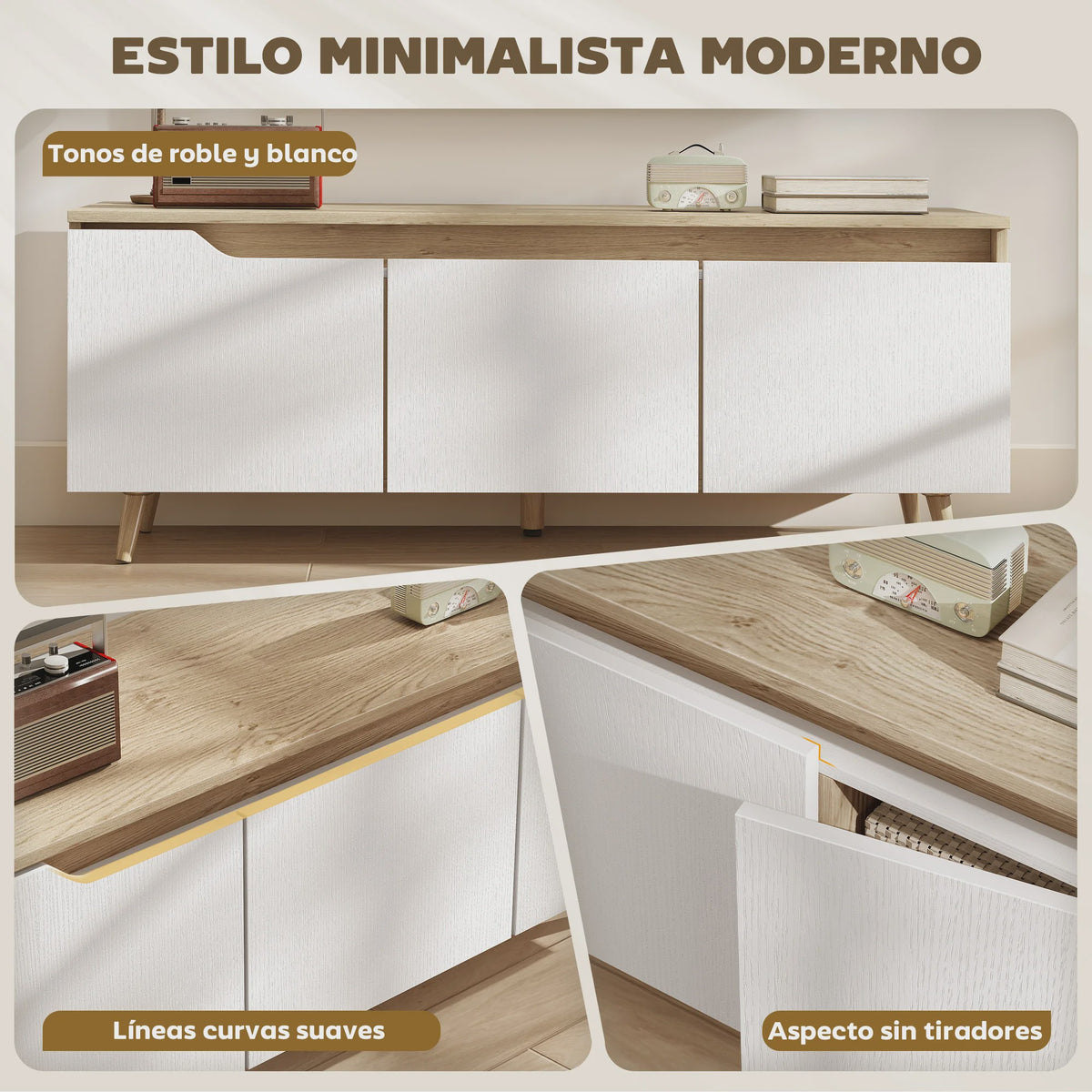 Moderne TV Meubel met 3 Deuren - 120cm Breed - Eiken & Wit