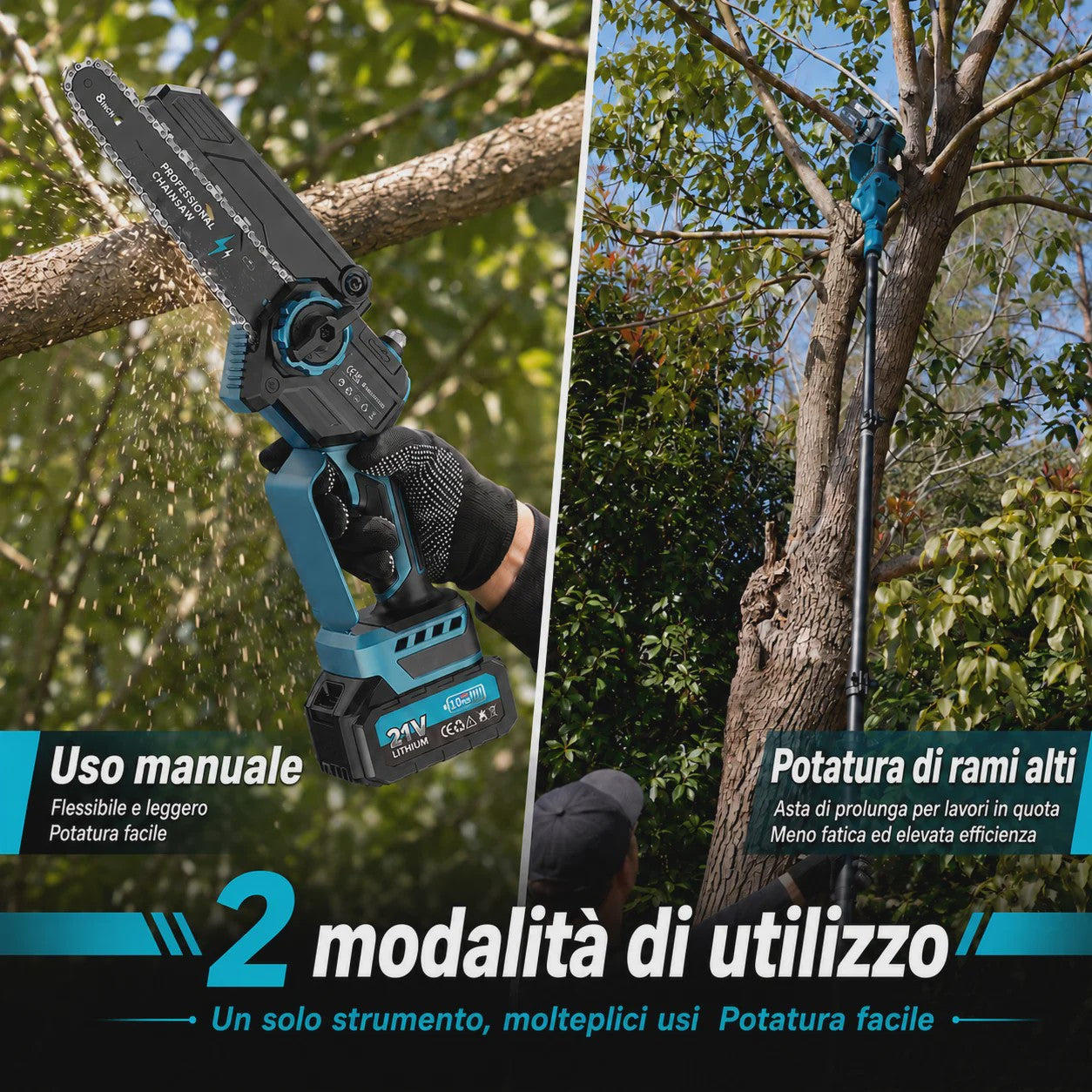 2-in-1 Snoerloze Telescoop Kettingzaag met 2x 4000mAh Accu's