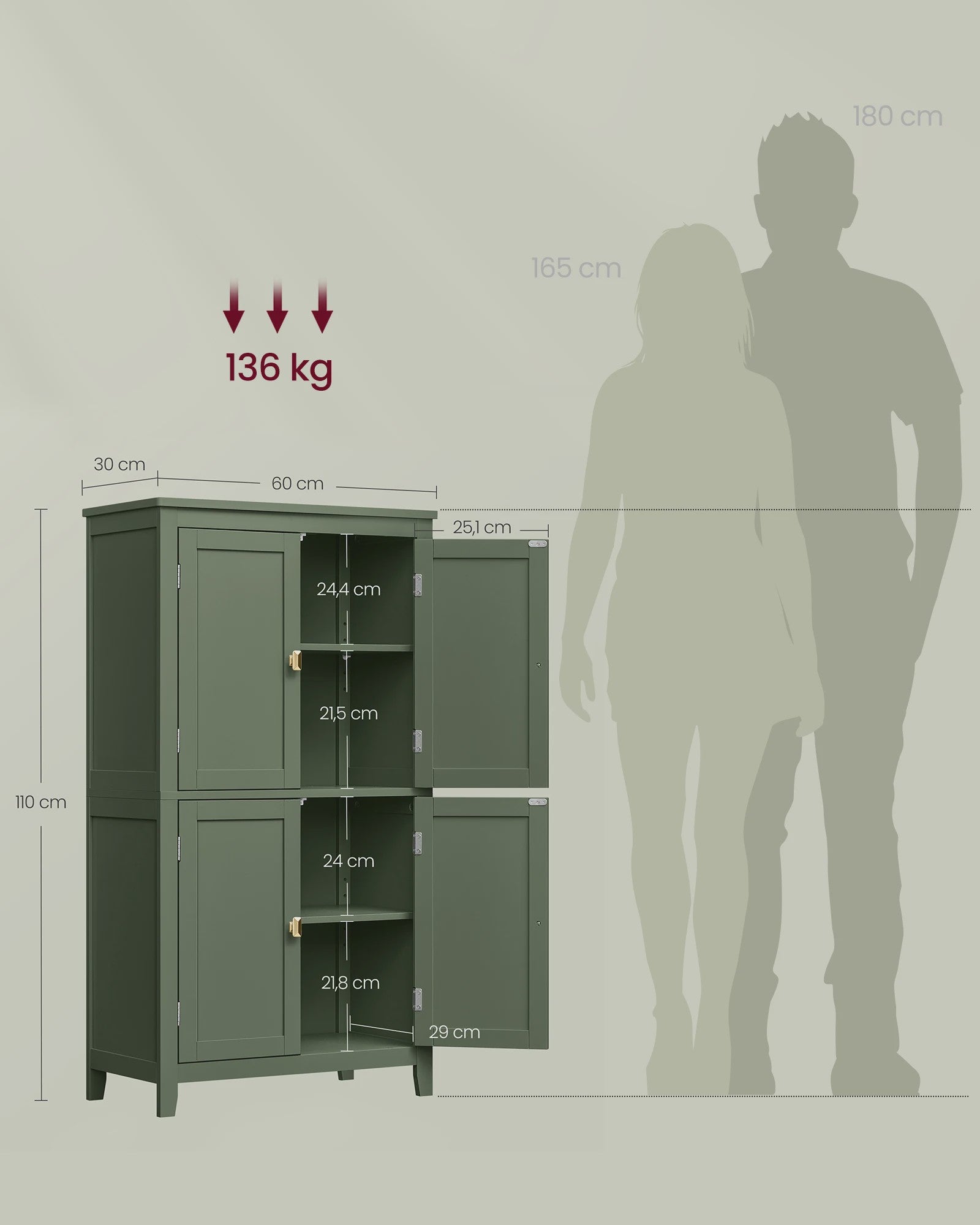 VASAGLE Hangkast met 4 Deuren - Stijlvolle Opbergkast voor Badkamer of Keuken - 30x60x110 cm