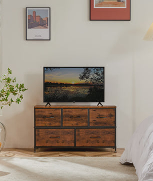 Stijlvolle Ladekast met 5 Stoffen Lades - Stalen Frame - Hout-look
