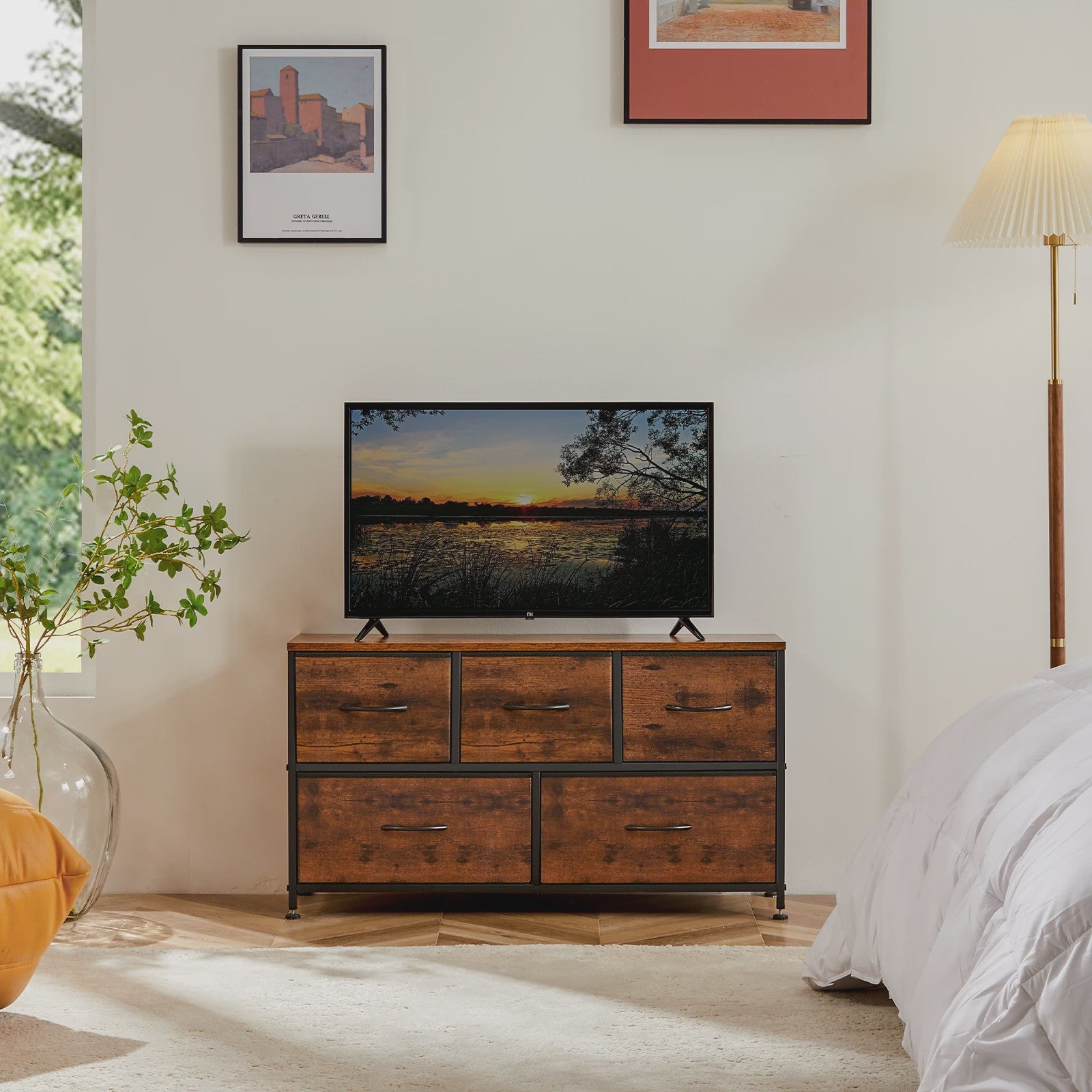 Stijlvolle Ladekast met 5 Stoffen Lades - Stalen Frame - Hout-look