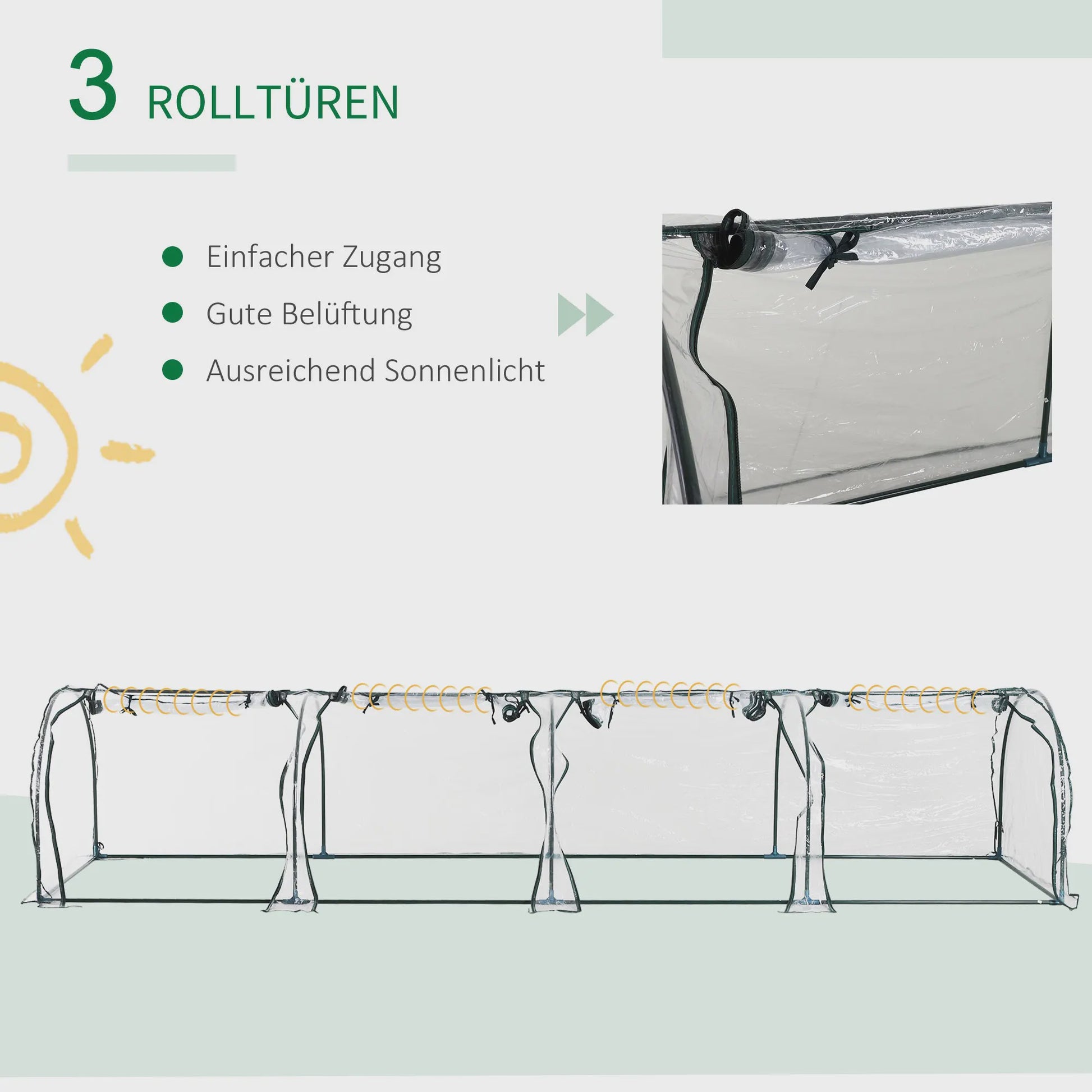 Outsunny Tunnelkas met Stalen Frame, PVC Folie en Roll-up Deuren - 395x100x80 cm