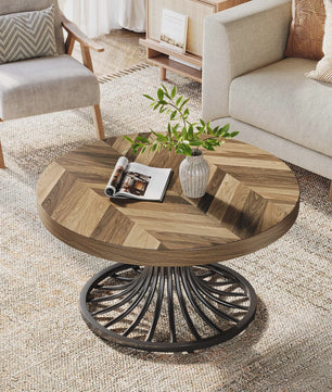 Ronde Salontafel 31" met Visgraatpatroon en Metalen Onderstel - Rustiek Bruin
