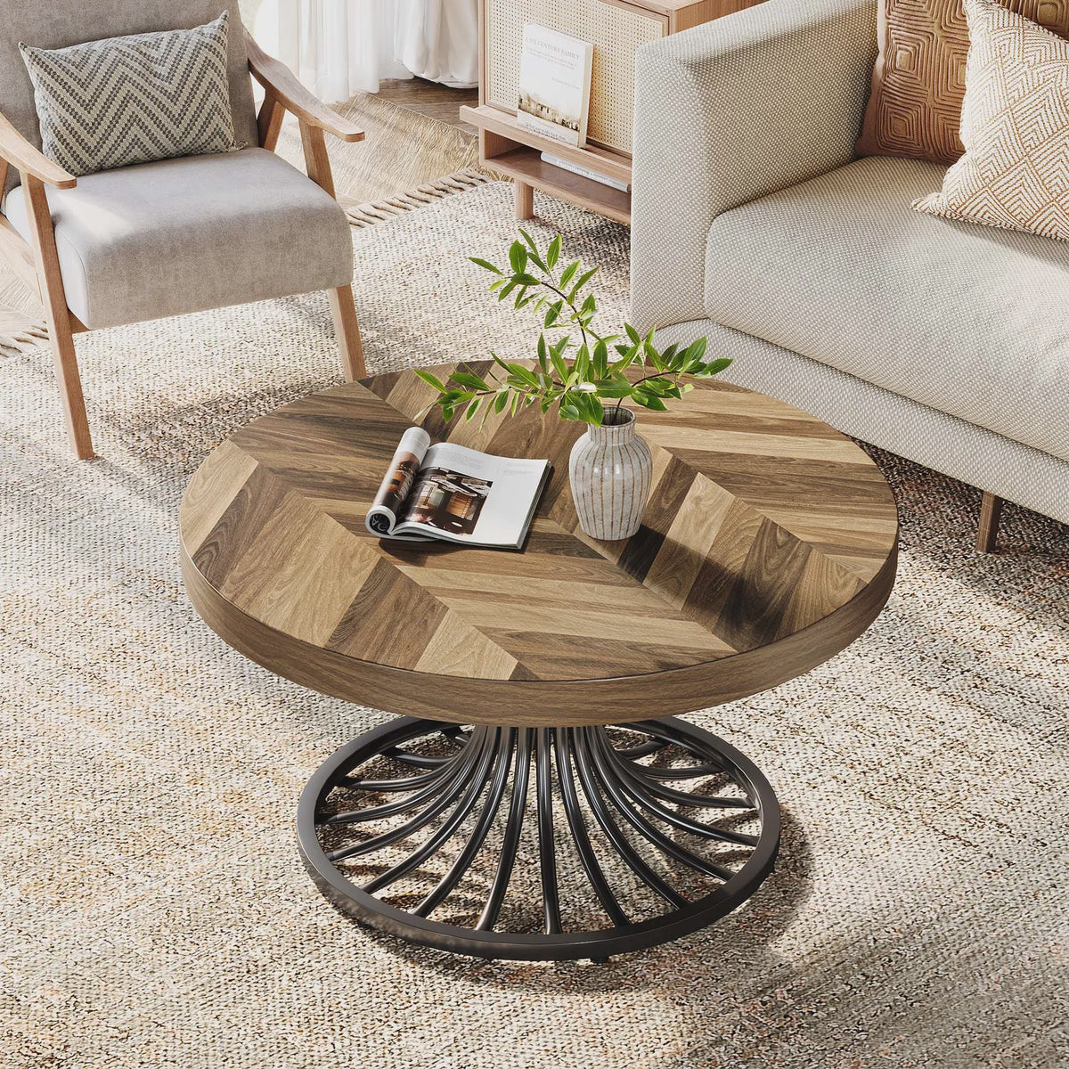 Ronde Salontafel 31" met Visgraatpatroon en Metalen Onderstel - Rustiek Bruin