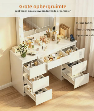 Kaptafel met Grote Spiegel, Verstelbare LED Verlichting en Ingebouwde USB/Stopcontacten - Veel Opbergruimte