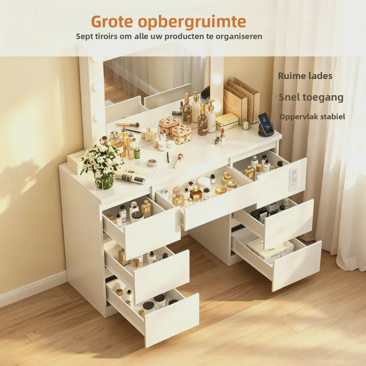 Kaptafel met Grote Spiegel, Verstelbare LED Verlichting en Ingebouwde USB/Stopcontacten - Veel Opbergruimte