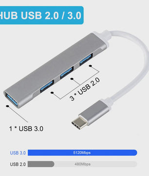 USB C Hub 3.0 met 4 Poorten (1x USB 3.0, 3x USB 2.0) & OTG Functie - Aluminium Adapter voor Laptop & PC
