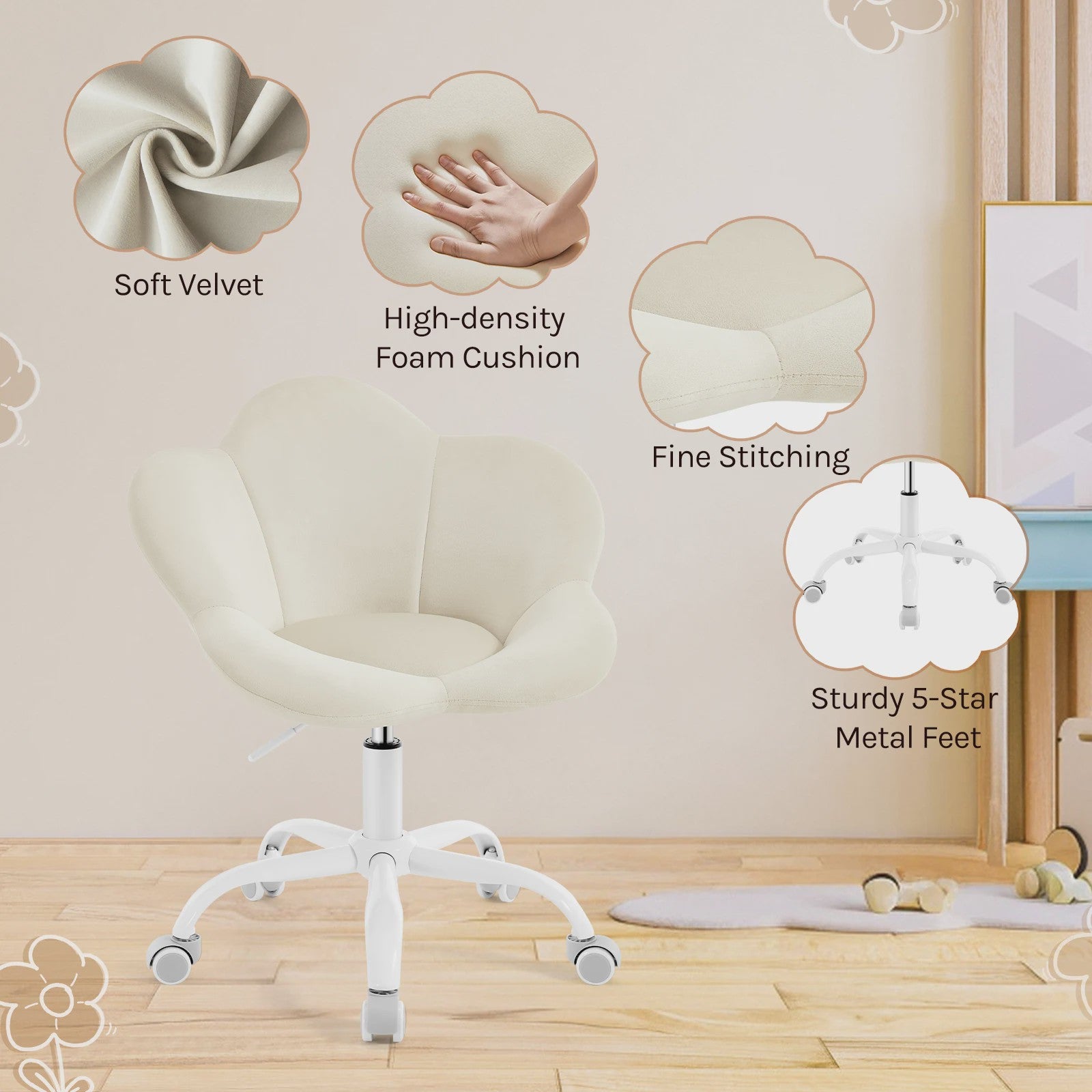 WOLTU Kinderbureau Stoel Velvet, Ergonomisch Draaibaar en In Hoogte Verstelbaar, Bloemen Design
