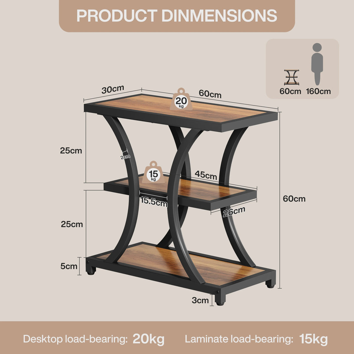 Industriële Salontafel met Opbergruimte - 3 Laags Bijzettafel - Metaal & Rustiek Bruin