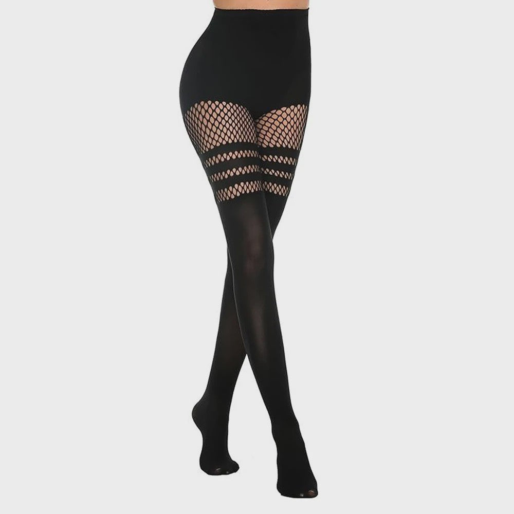 Zwarte Visnet Panty met Jarretellen en Holle Ontwerp - Sexy Nachtclub & Dans Tights