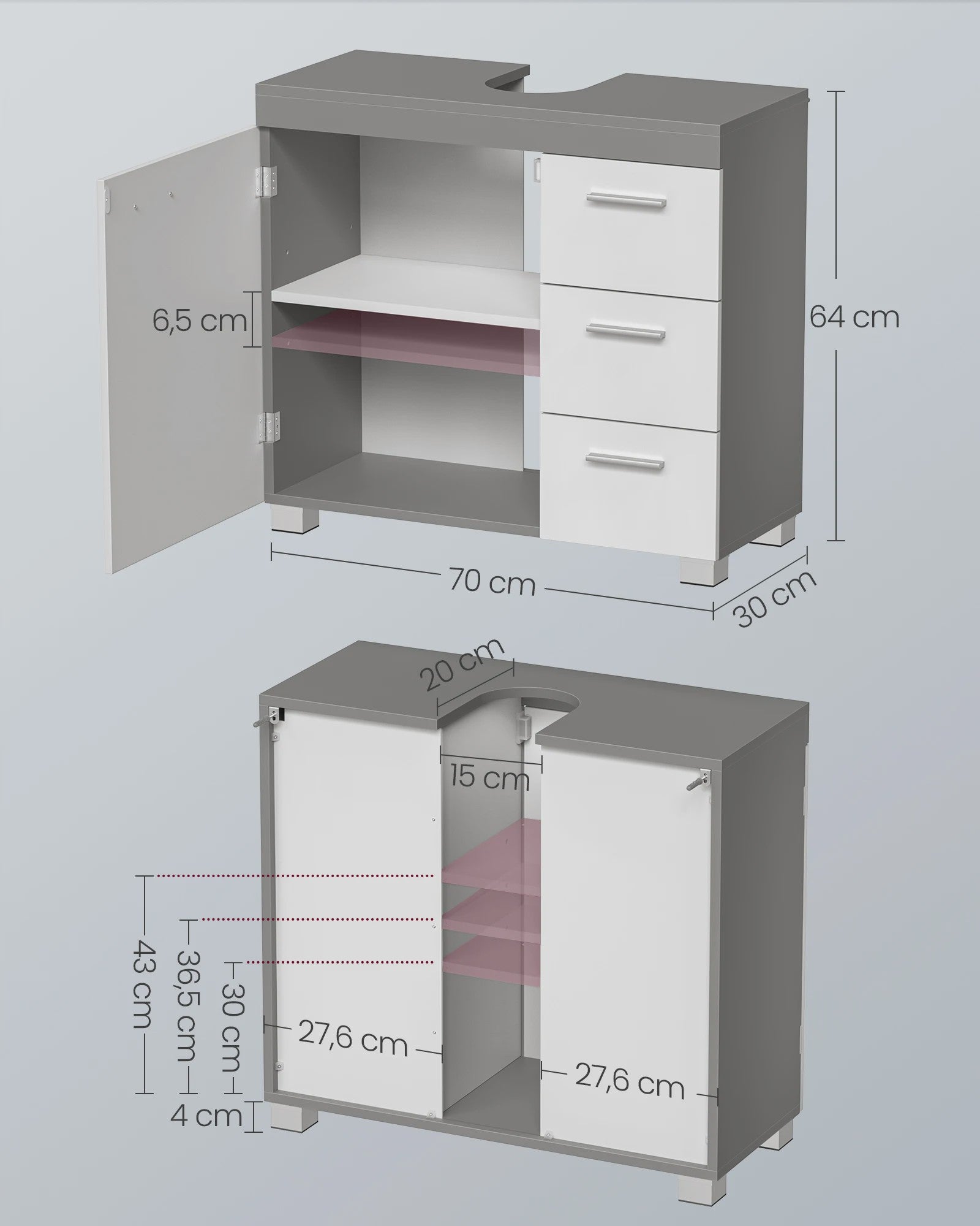 Onderbouw Wastafelkast met Lades en Poten - 70x30x64 cm