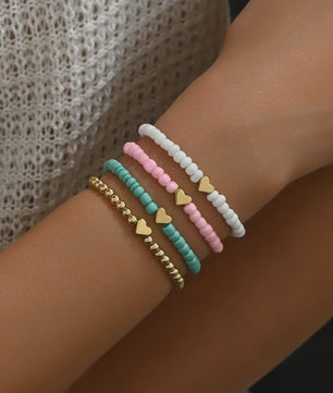 Set van 4 Bohemian Kralen Armbandjes met Hartje - Zomerse Beach Vibes