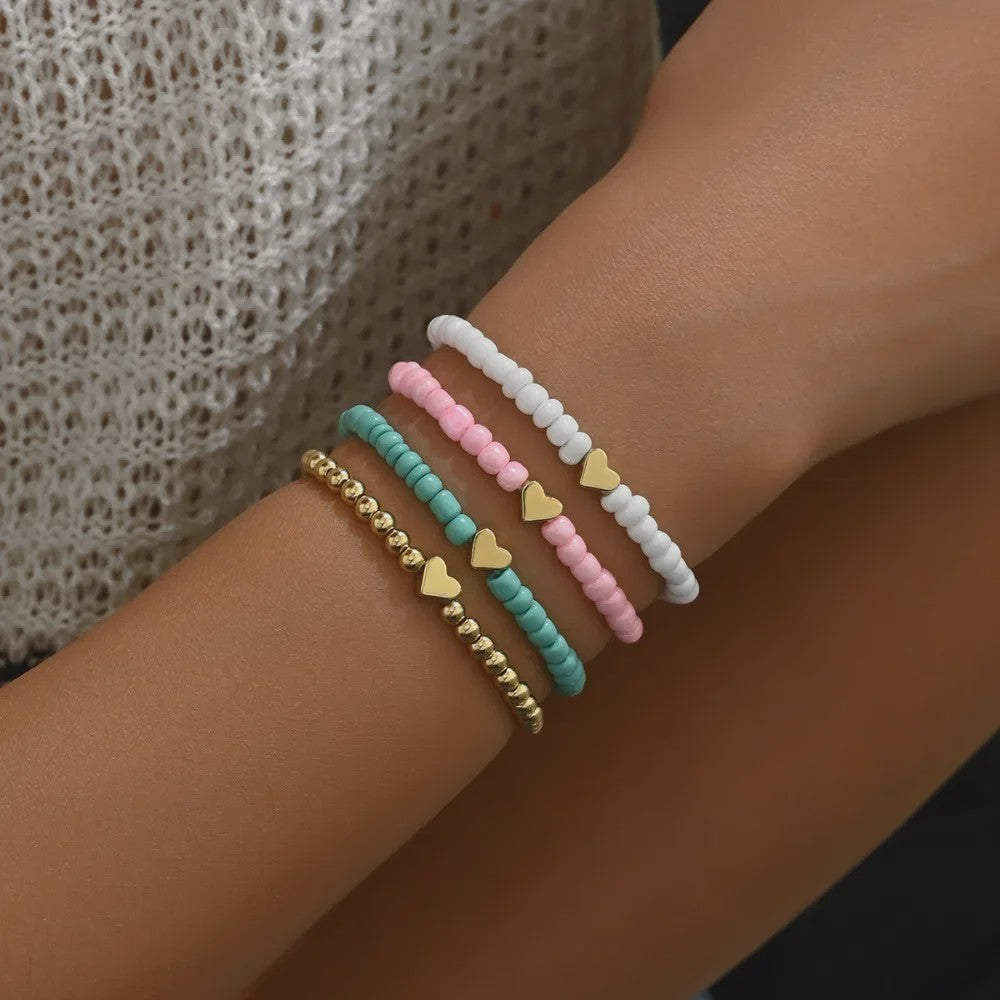 Set van 4 Bohemian Kralen Armbandjes met Hartje - Zomerse Beach Vibes