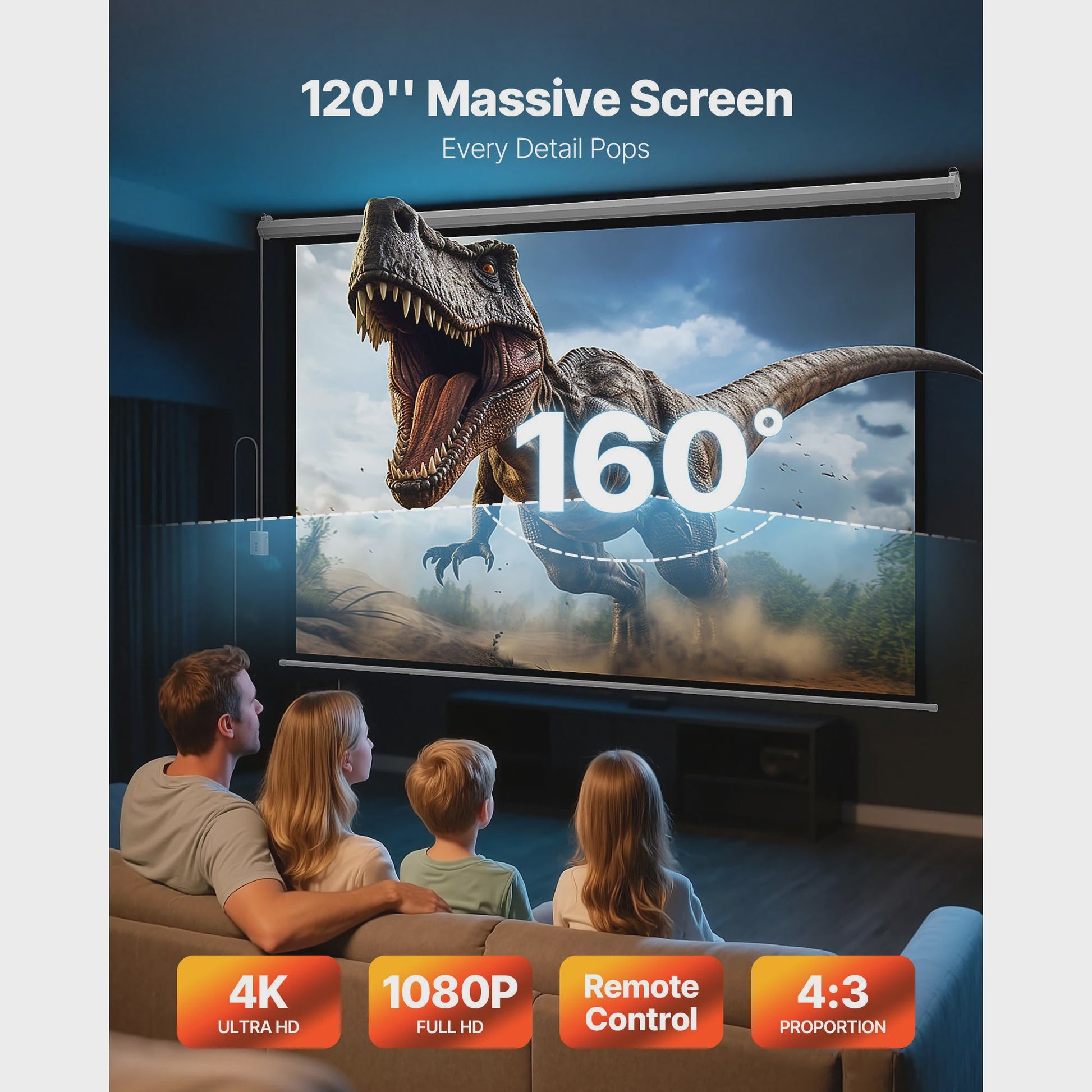 Elektrisch Projectiescherm 72-120 inch 4:3 HD Motorized met Afstandsbediening