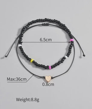 Set van 2 Verstelbare Anklets met Hartje en Zwarte Kralen - Waterdicht