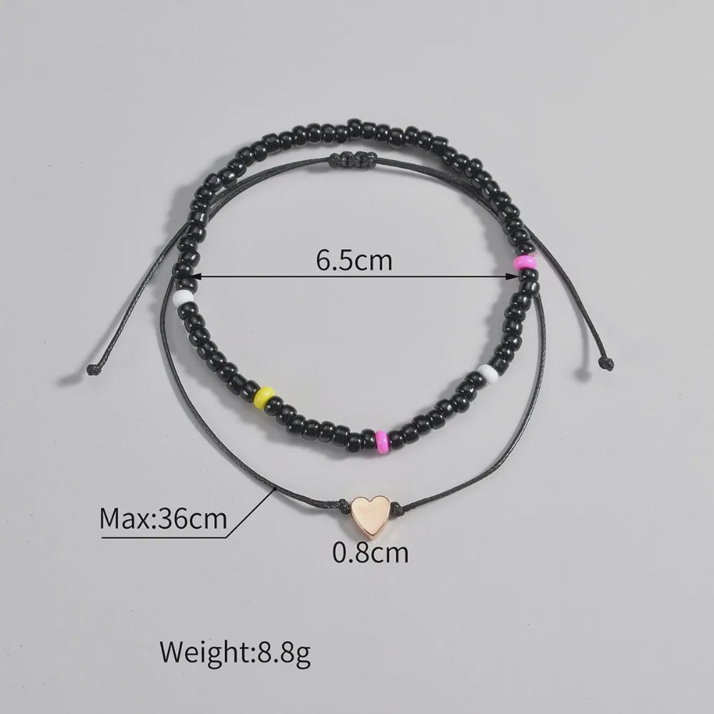 Set van 2 Verstelbare Anklets met Hartje en Zwarte Kralen - Waterdicht
