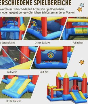 Opblaasbaar Springkasteel met Glijbaan, Voetbalgoal & Pijltjes - 450W Blower