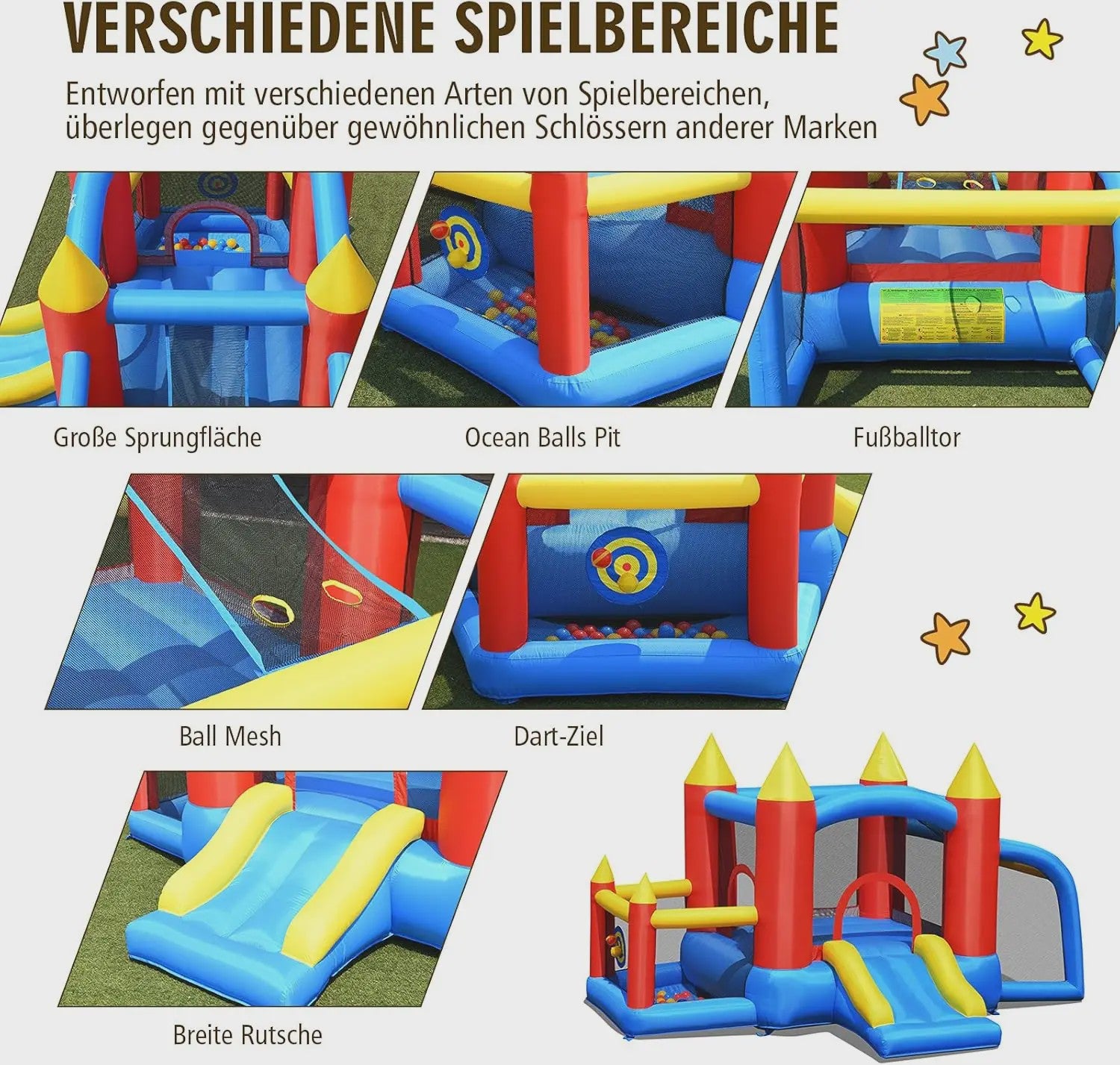 Opblaasbaar Springkasteel met Glijbaan, Voetbalgoal & Pijltjes - 450W Blower
