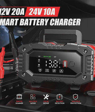 Universele 12V/24V Slimme Batterijlader met 7-Traps Oplaadcyclus & Reparatie Modus