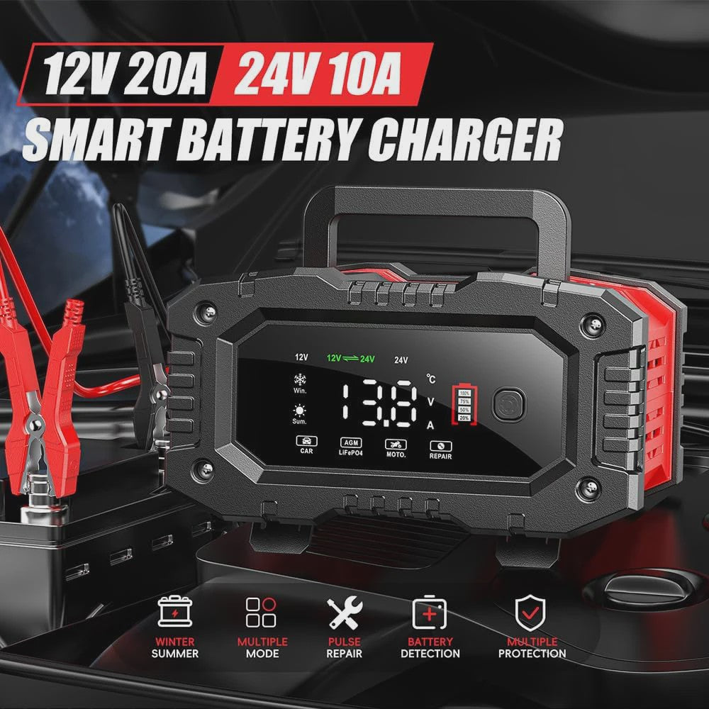 Universele 12V/24V Slimme Batterijlader met 7-Traps Oplaadcyclus & Reparatie Modus