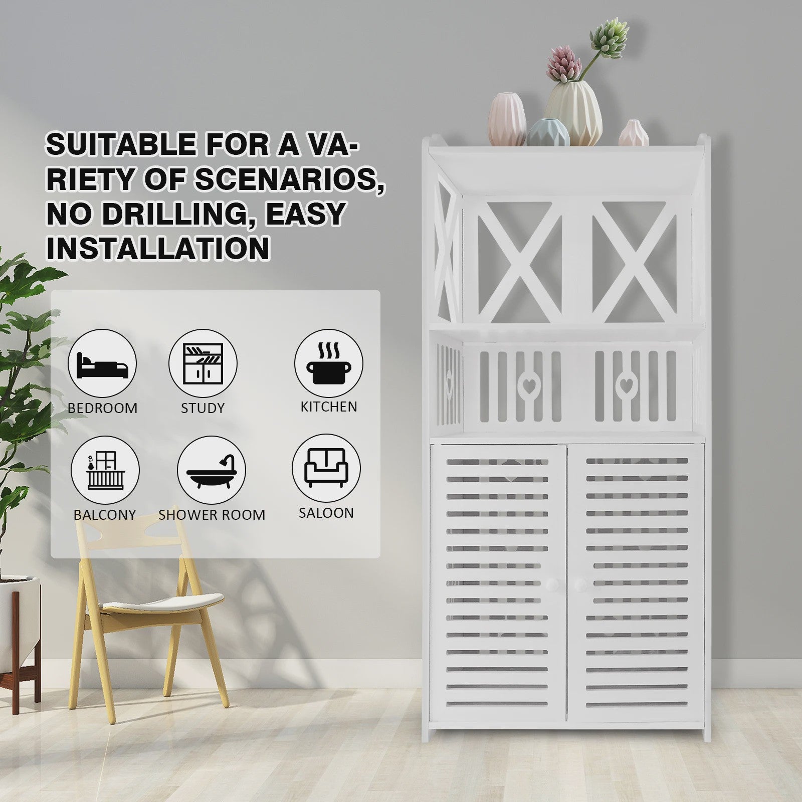 PVC Badkamerkast Waterdicht met Dubbele Deuren en 3 Planken - Wit