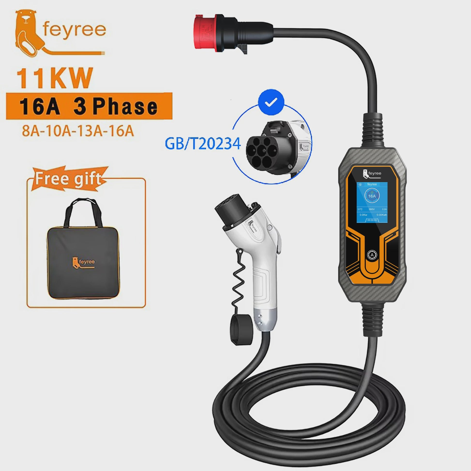 Feyree Draagbare EV Oplader - 3.5KW/7KW/11KW, 16A/32A, 1- & 3-Fase, Instelbare Stroom, GB/T