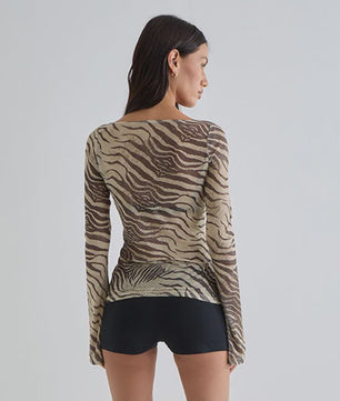 Dames Mesh Shirt met Zebra & Luipaardprint - Off-Shoulder Lange Mouwen
