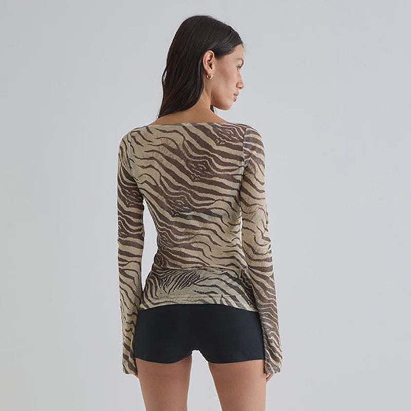 Dames Mesh Shirt met Zebra & Luipaardprint - Off-Shoulder Lange Mouwen