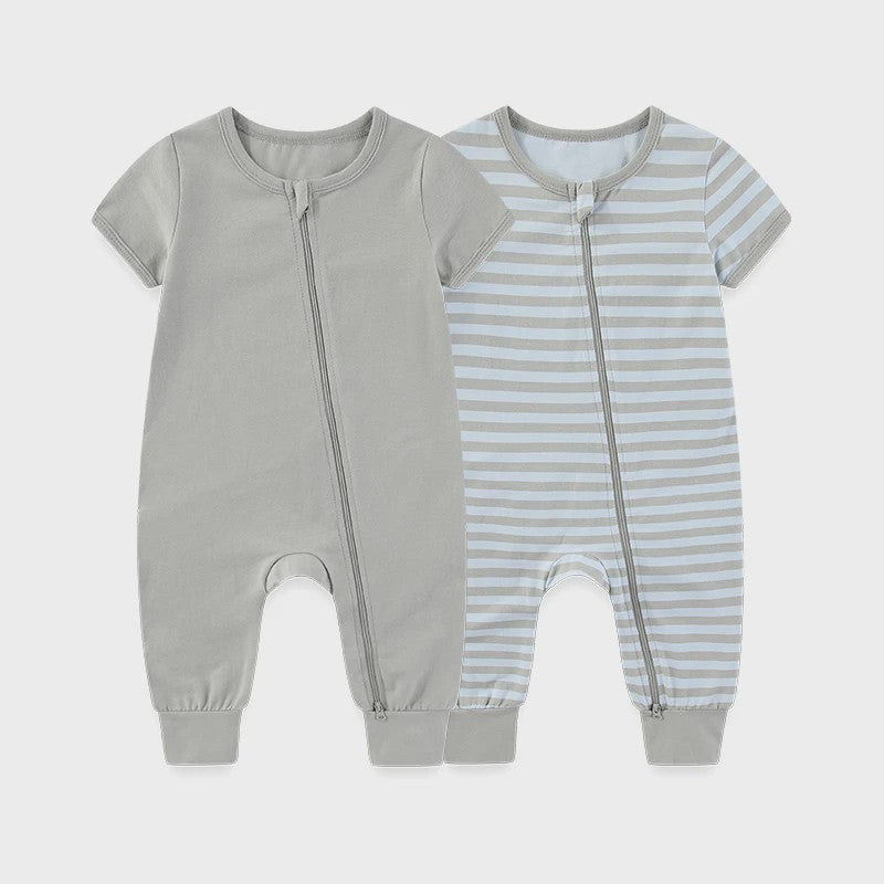 Zachte Katoenen Romper voor Baby Jongen en Meisje - Unisex Korte Mouw met Ritssluiting (2 Stuks)