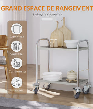 RVS Serveertrolley met 2 Plateaus en Wielen - 80x45x82 cm