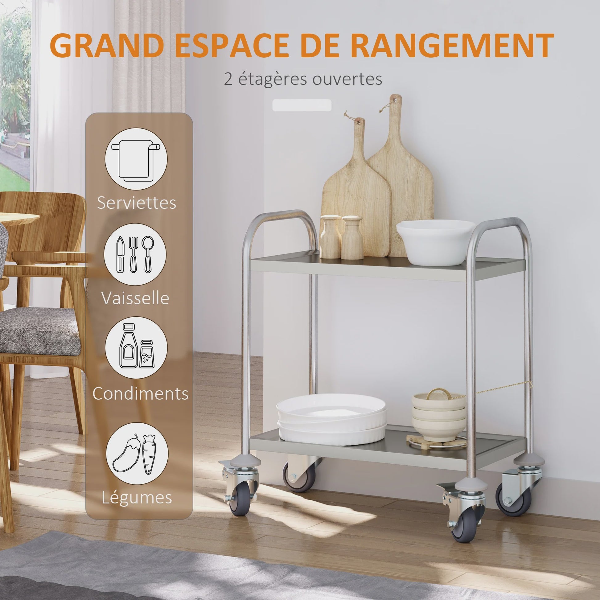 RVS Serveertrolley met 2 Plateaus en Wielen - 80x45x82 cm