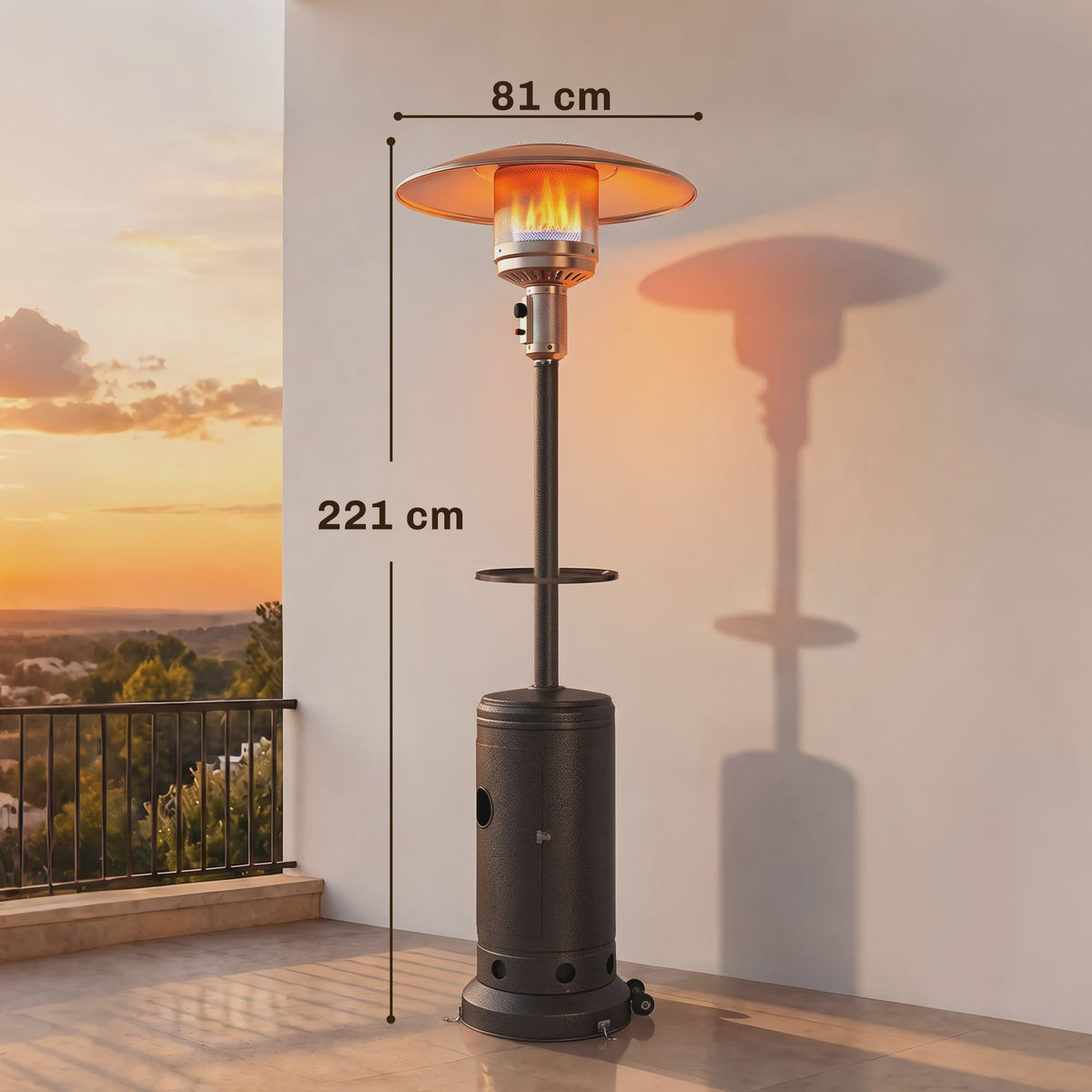 Outsunny Terrasverwarmer Gas 13 kW met Tafel, Wielen en Anti-kantel Beveiliging