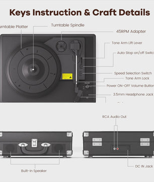 MAIO Platenspeler met Ingebouwde Stereo Speakers en Koptelefoonaansluiting - 3 Snelheden